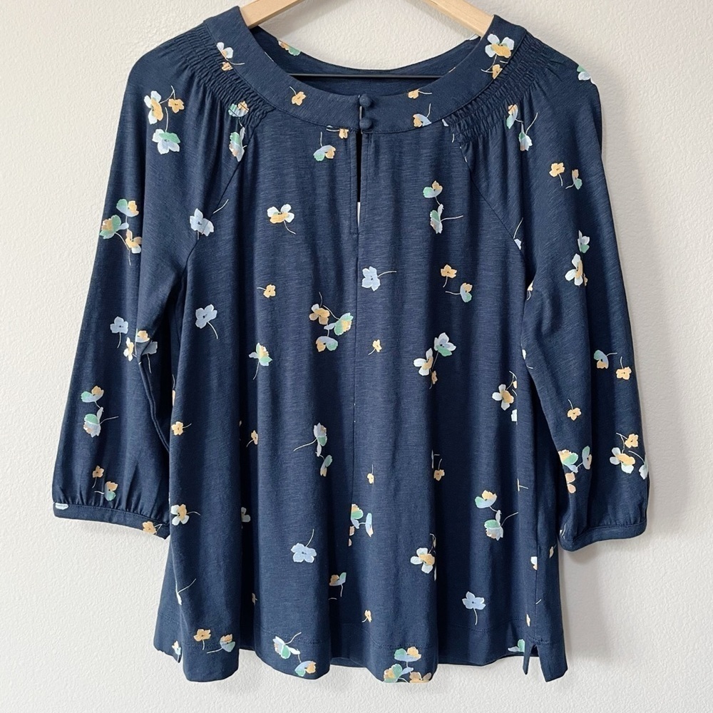 J. Jill Navy Blue Floral Print Popover 3/4 Balloon Sleeve Blouse Size XS NEW